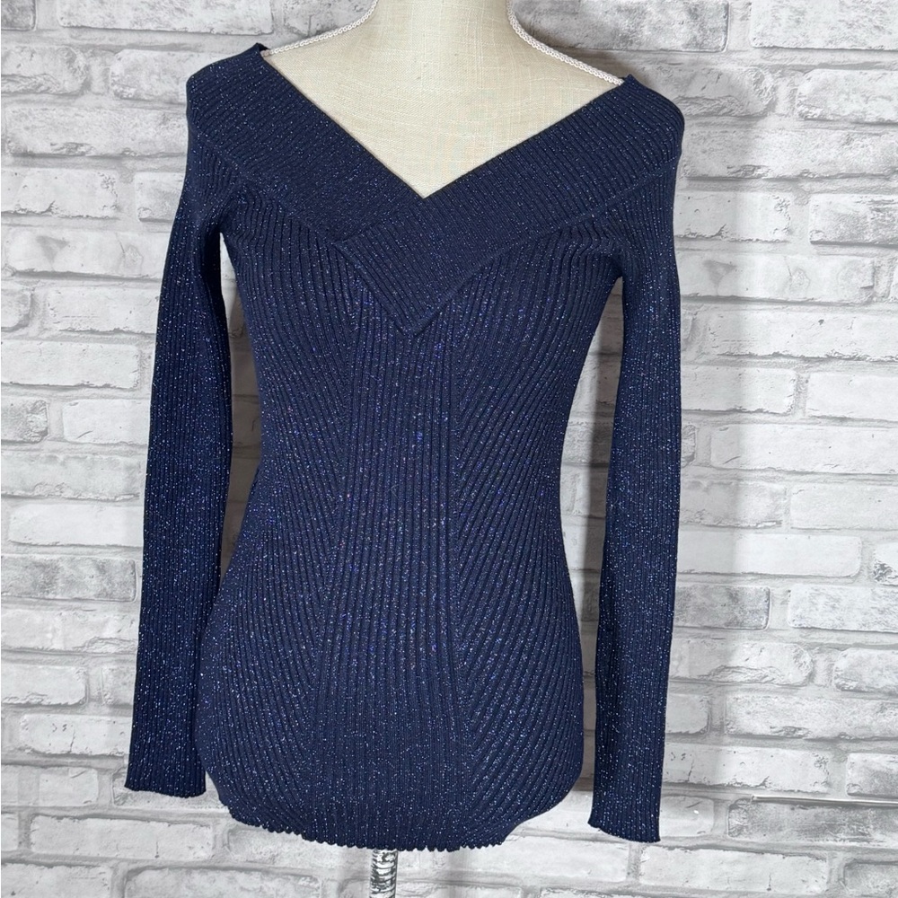 Candie's Deep Blue V-Neck Sparkle Ribbed Knit Sweater